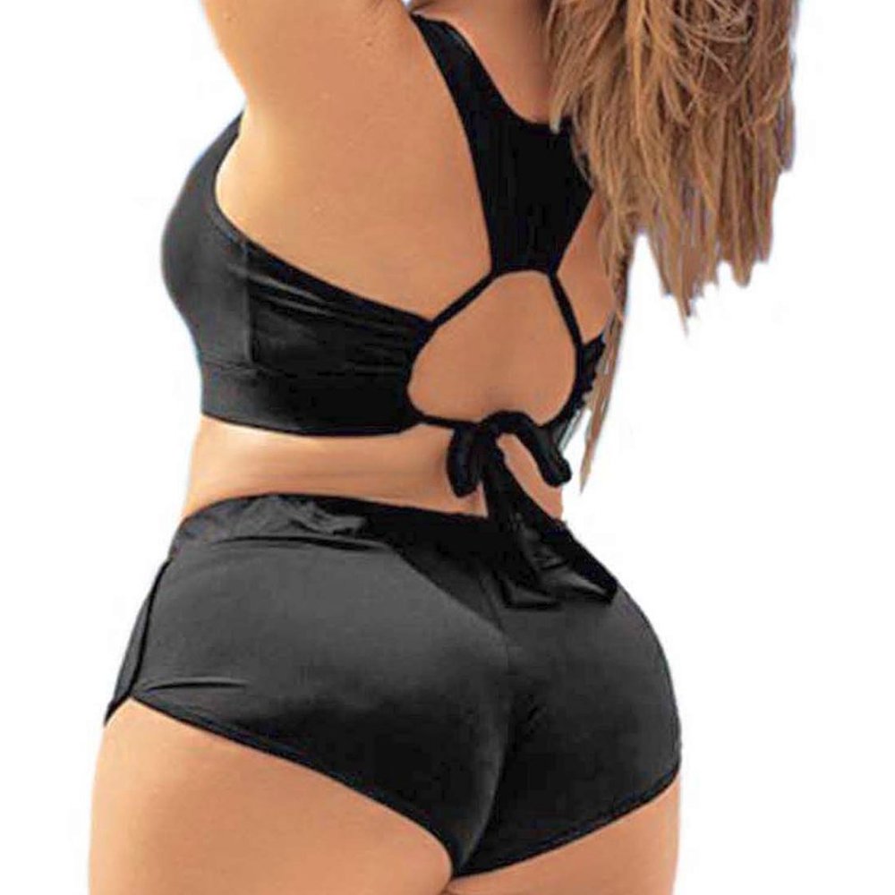 Plus Size Black Bikini Set Classic Tie Back High Waist Sporty Swimwear 1x 2x - Picture 8 of 8